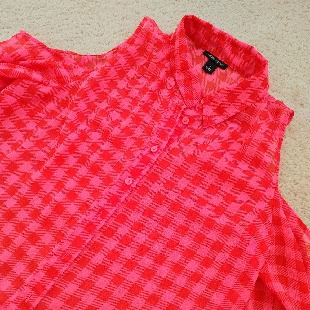 I Heart Ronson Neon Pink Plaid Sheer Cold Shoulder Blouse - Medium - Picture 2 of 3
